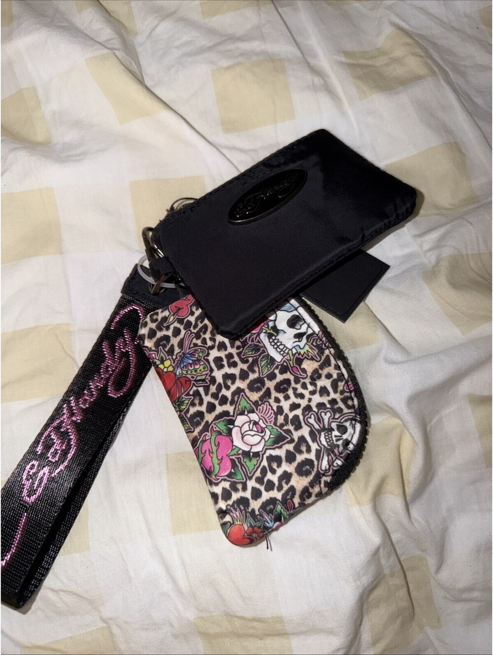 NWT Ed Hardy Double Pouch Wristlet One Black One Animaprint Skull Roses